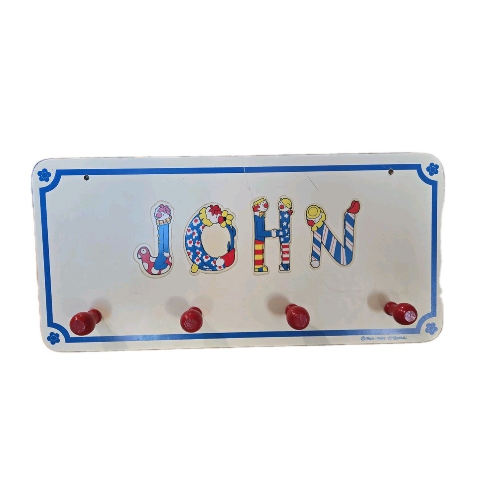 VTG 1960s Personalized Children's Peg coat Rack "JOHN" Clown Circus ready 2 Hang